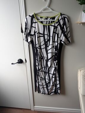 Apanage Black & White Abstract Dress with Lime Neckline